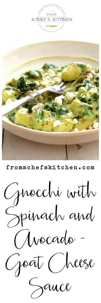 Pinterest graphic for Gnocchi with Spinach and Avocado Goat Cheese Sauce in white bowl with fork lifting one of the gnocchi.