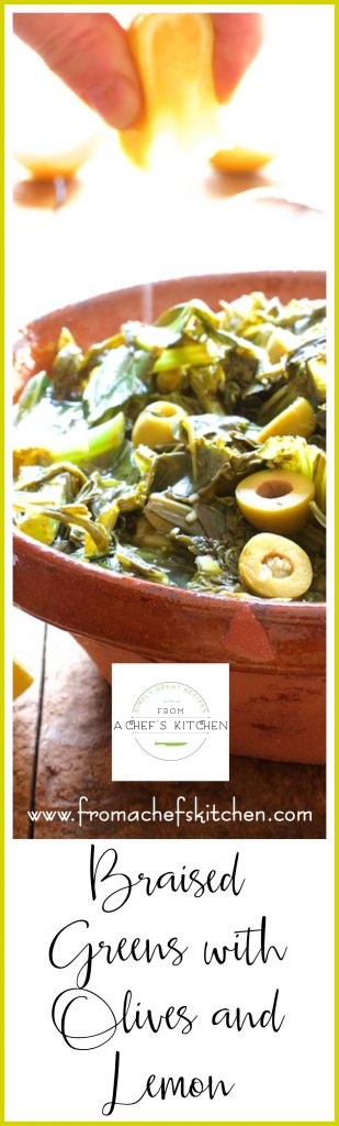 Pinterest graphic for Braised Greens with Olives and Lemon showing it in an earthenware bowl with lemon juice being squeezed over it.