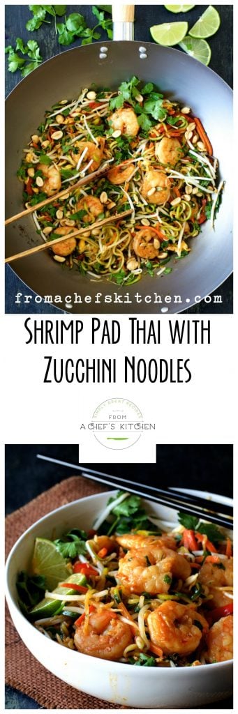 Pinterest graphic with Shrimp Pad Thai with Zucchini Noodles with one photo showing it in a wok and a second showing it in a white bowl with black chopsticks.