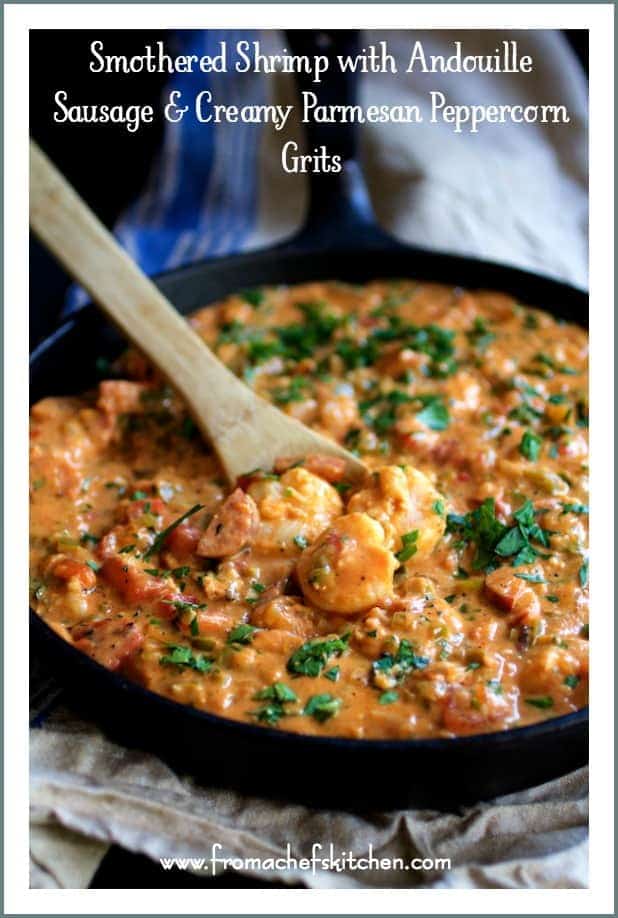 Pinterest graphic for Smothered Shrimp with Andouille Sausage and Creamy Parmesan Peppercorn Grits with the shrimp part in cast iron skillet.