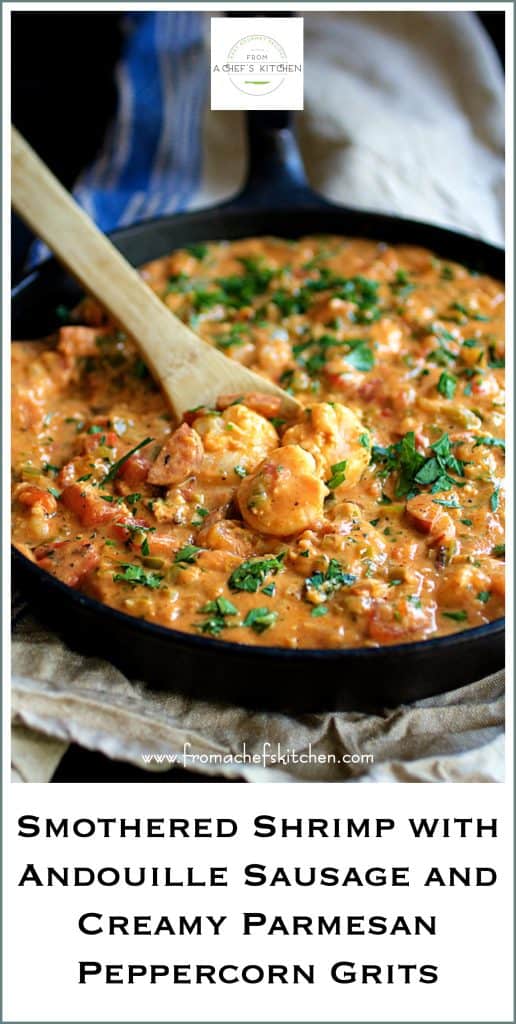 Pinterest graphic for Smothered Shrimp with Andouille Sausage showing it in a cast iron skillet.