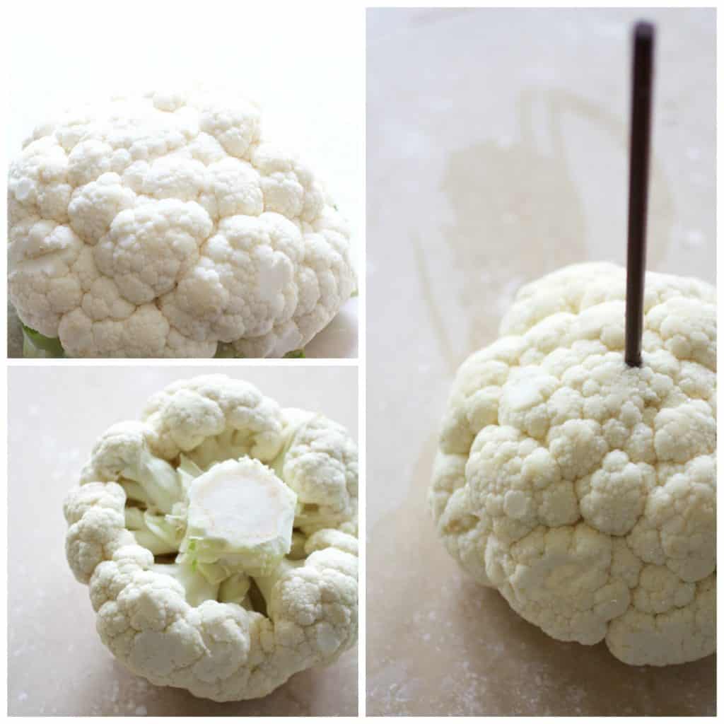 Collage of photos on how to set up cauliflower to be spiralized and shredded.