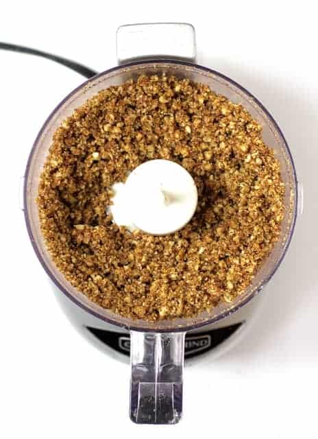 Photo of cornmeal, pecan and spice combination in food processor.