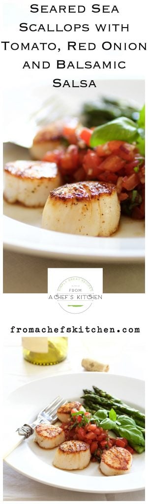 Pinterest graphic for Seared Sea Scallops with Tomato, Red Onion and Balsamic Salsa showing it on white plate.