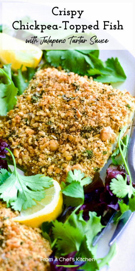 with Jalapeno Tartar Sauce showing it garnished with fresh lemons and baby greens.