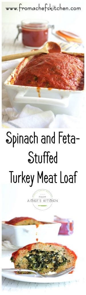 Pinterest graphic for Spinach and Feta Stuffed Turkey Meat Loaf showing it still in white ceramic baking dish and a second photo showing it sliced to expose the filling.