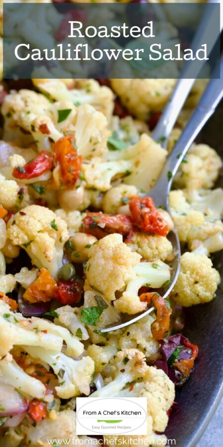 Pinterest graphic for Roasted Cauliflower Salad showing serving utensils scooping some up.
