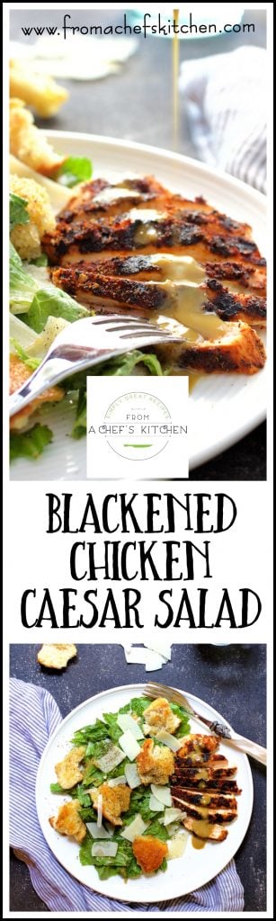 Pinterest graphic for Blackened Chicken Caesar Salad with two images of it on a white plate.