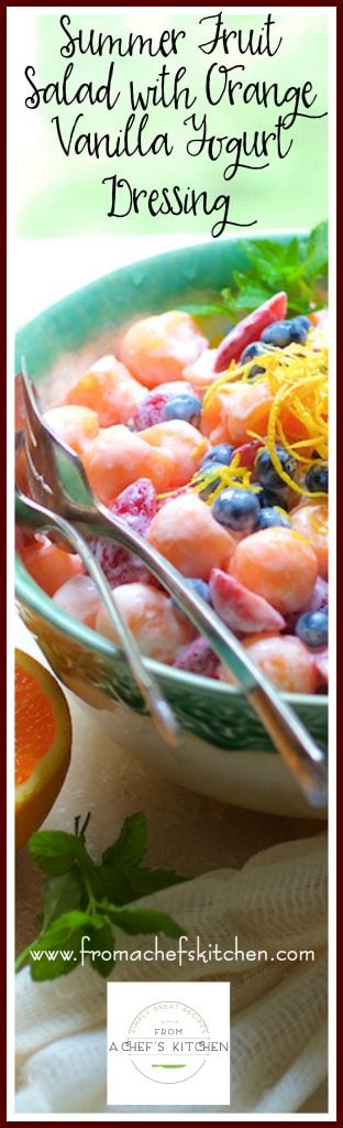 Pinterest graphic for Summer Fruit Salad with Orange Vanilla Yogurt Dressing with it in a green decorative bowl.
