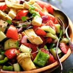 Greek Vegetable Salad in wood bowl.