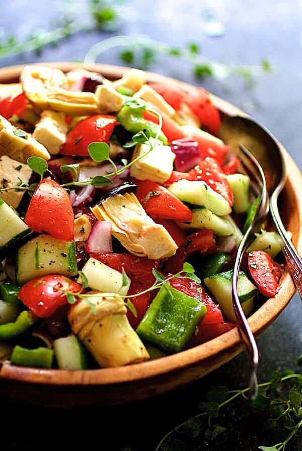 Greek Vegetable Salad in wood bowl.