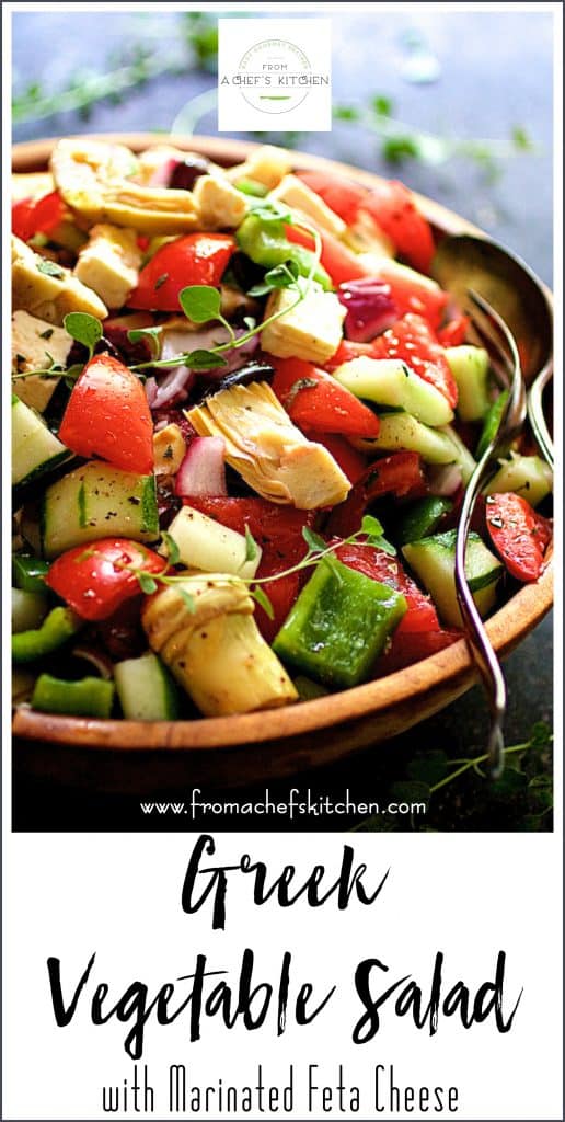 Pinterest graphic for Greek Vegetable Salad showing it in a wooden bowl.