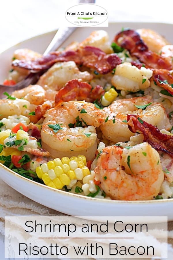Pinterest graphic for Shrimp and Corn Risotto with Bacon showing one serving in a white bowl with serving spoon.