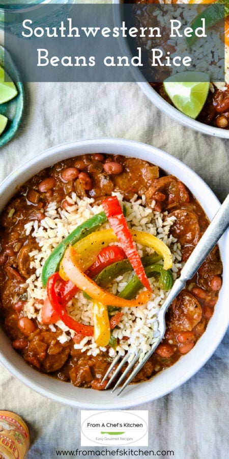 Pinterest graphic for Southwestern Red Beans and Rice showing one serving topped with colorful bell peppers in an earthenware bowl.