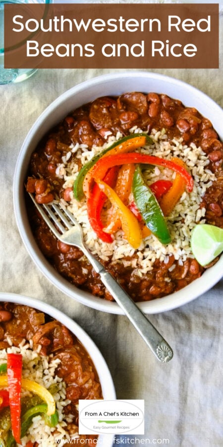 Pinterest graphic for Southwestern Red Beans and Rice showing two servings topped with colorful bell peppers in an earthenware bowl.