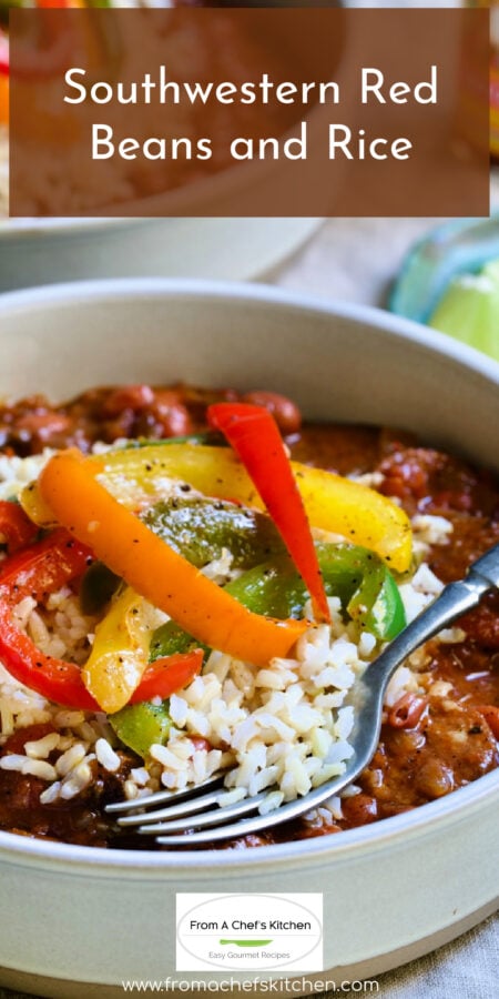 Pinterest graphic for Southwestern Red Beans and Rice showing one serving topped with colorful bell peppers in an earthenware bowl.