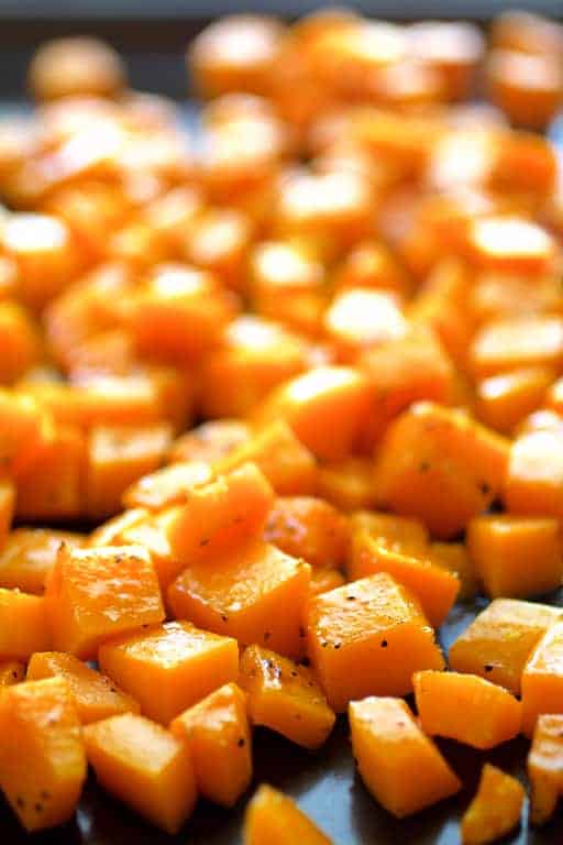 Photo of roasted butternut squash on sheet pan.