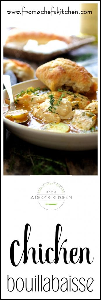 Pinterest graphic for Chicken Bouillabaisse showing it in a white bowl with bread.