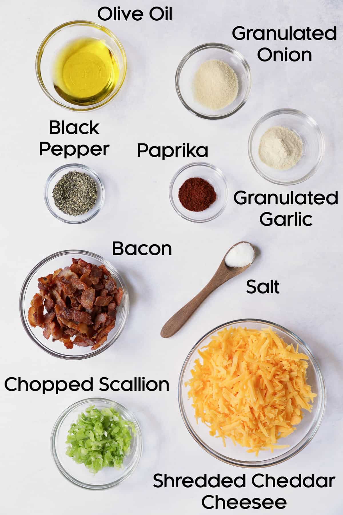 Photo of ingredients for Baby Hasselback Potato Bake with Cheddar and Bacon in glass bowls.