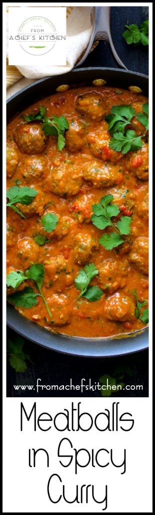 Pinterest graphic for Meatballs in Spicy Curry showing it in a nonstick skillet garnished with cilantro sprigs.