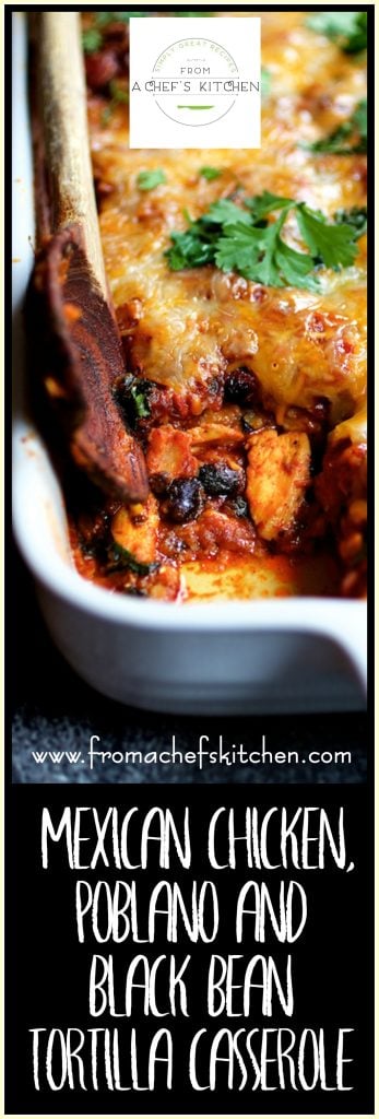 Pinterest graphic for Mexican Chicken Tortilla Casserole showing it in a white baking dish with a piece removed.