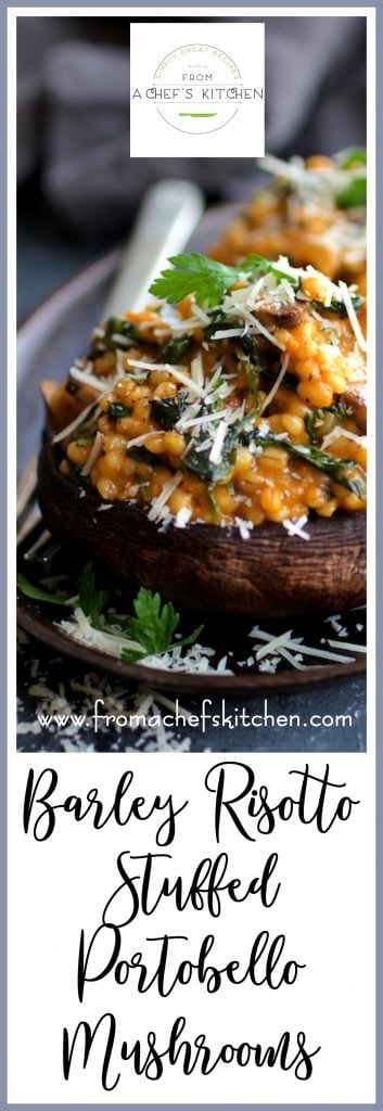 Pinterest graphic for Barley Risotto Stuffed Portobello Mushrooms showing one mushroom on a small cast iron skillet.