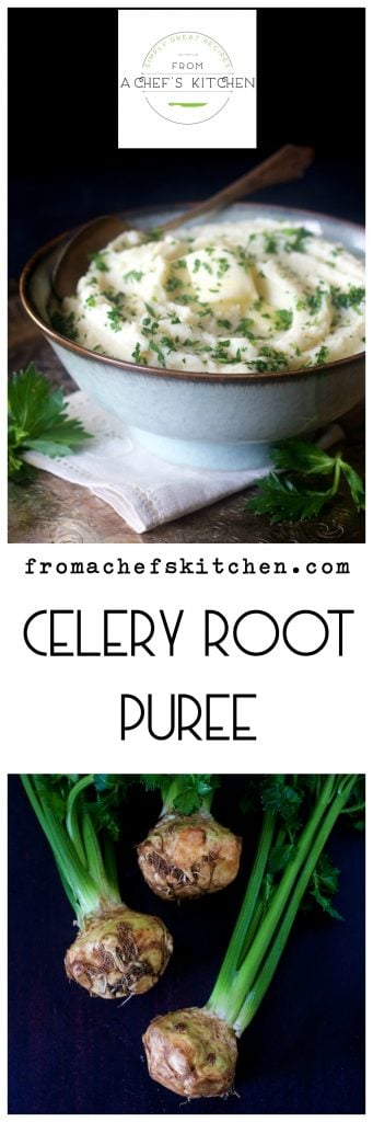 Pinterest graphic for Celery Root Puree (Celeriac) showing it in a serving bowl and a second photo showing three celery roots with tops attached.