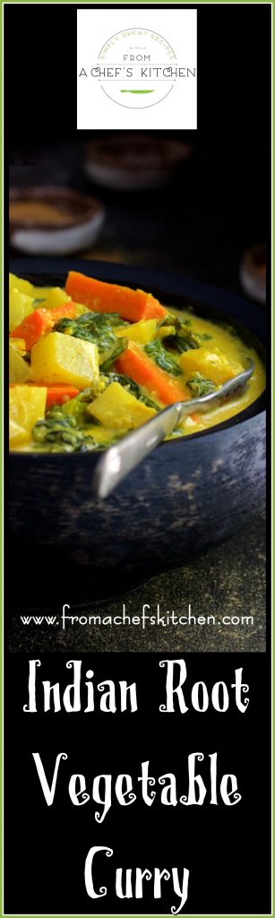 Pinterest graphic for Indian Root Vegetable Curry showing it in a black bowl.
