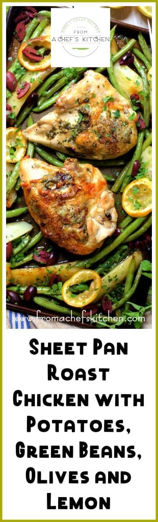 Pinterest graphic for Sheet Pan Roast Chicken with Potatoes, Green Beans, Olives and Lemon.