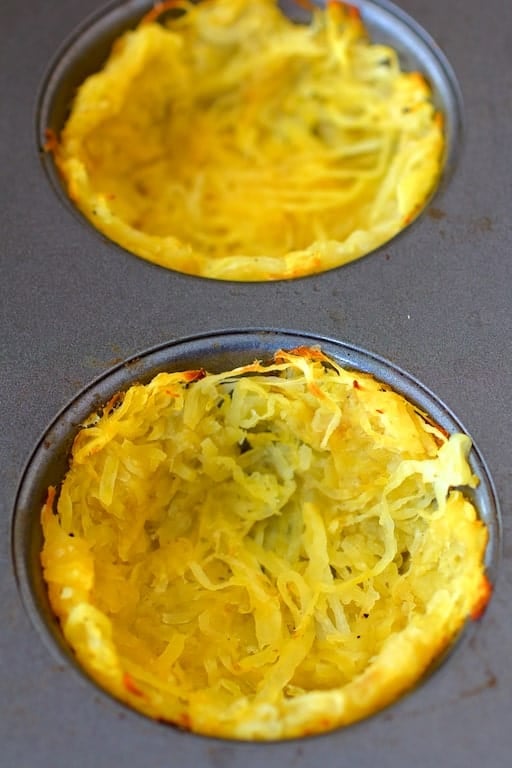 Photo of spaghetti squash "crust" in muffin pan after baking.