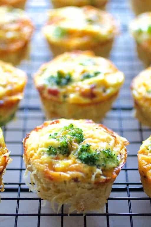 Photo of Spaghetti Squash Broccoli Bacon and Cheddar Mini Quiches on cooling rack.