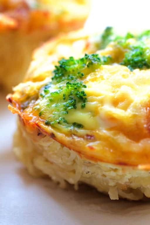 Close-up photo of a Spaghetti Squash Broccoli Bacon and Cheddar Mini Quiches.
