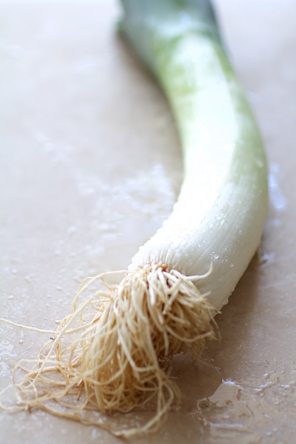 Close-up photo of a freshly washed leek.