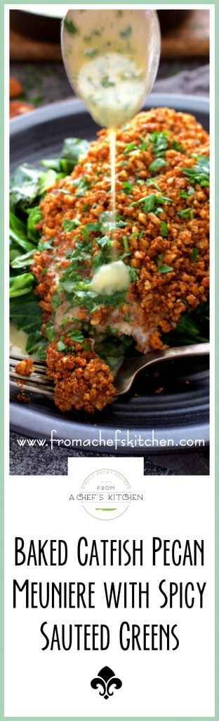 Pinterest graphic for Baked Catfish Pecan Meuniere showing butter being drizzled over a piece.