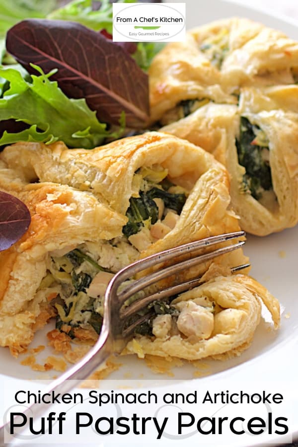 Pinterest graphic for Chicken, Spinach and Artichoke Puff Pastry Parcels on white plate showing a fork cutting into one.