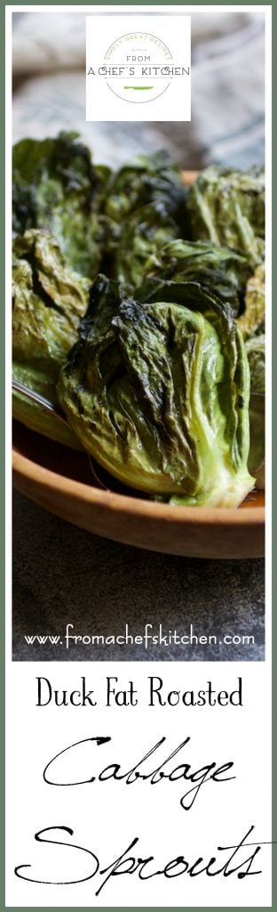 Pinterest graphic for Duck Fat-Roasted Cabbage Sprouts showing them in a wooden bowl.