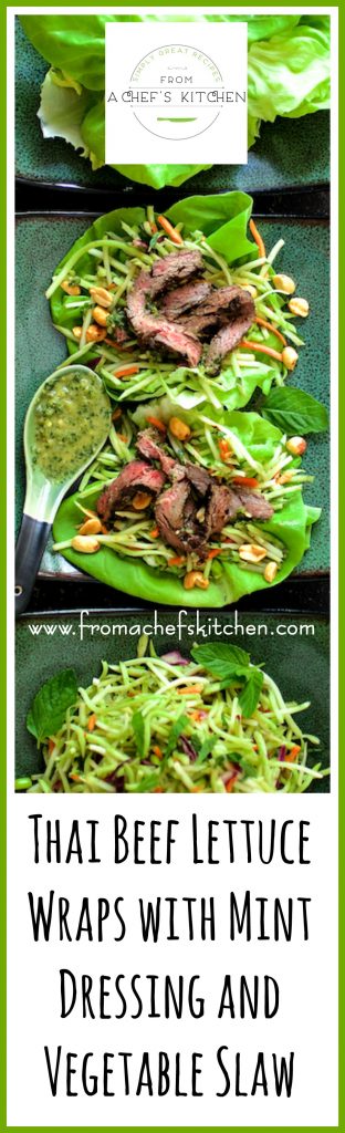 Pinterest graphic for Thai Beef Lettuce Wraps with Mint Dressing and Vegetable Slaw on square green plates.