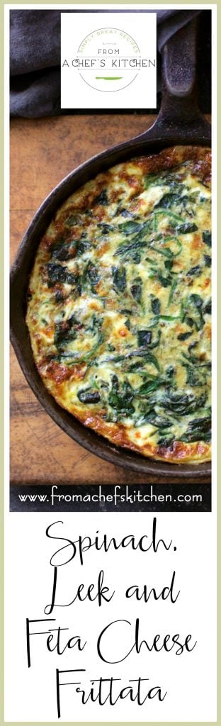 Pinterest graphic for Spinach, Leek and Feta Cheese Frittata showing it in a cast iron skillet on wood cutting board.
