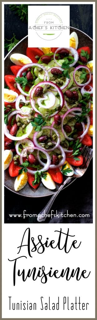 Pinterest graphic for Tunisian Salad Platter (or Assiette Tunisienne) showing it on an oval gray-rimmed platter.