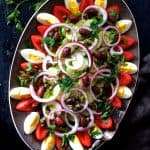 Tunisian Salad Platter (Assiette Tunisienne) on oval gray-rimmed platter.