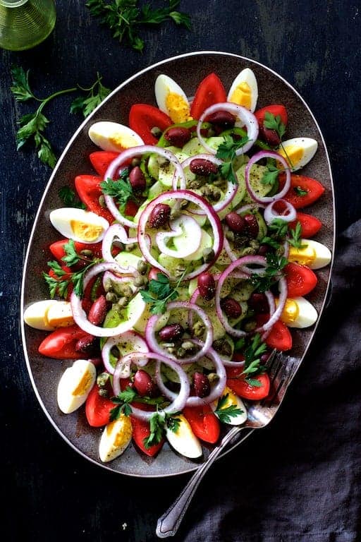 Tunisian Salad Platter (Assiette Tunisienne) on oval gray-rimmed platter.