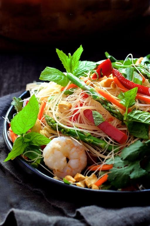 Vietnamese Spring Roll Salad on black plate.