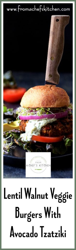 Pinterest graphic for Lentil Walnut Veggie Burgers with Avocado Tzatziki Sauce showing it with a steak knife inserted.
