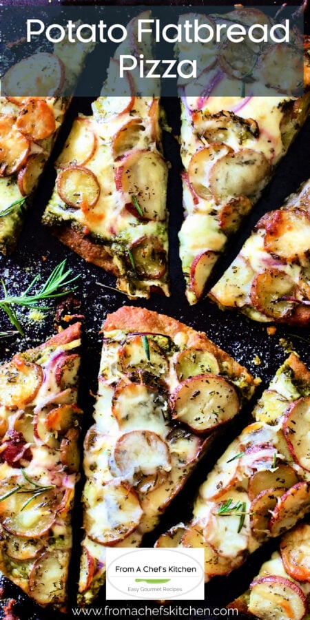 Pinterest graphic for Potato Flatbread Pizza showing eight wedges.
