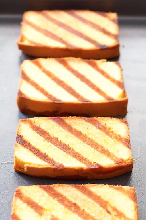 Close-up photo of grilled pound cake slices.