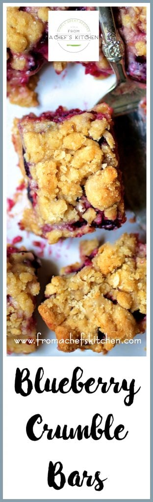 Pinterest graphic for Blueberry Crumble Bars showing them cut into rectangular pieces.