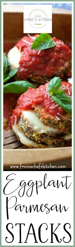 Pinterest graphic for Eggplant Parmesan Stacks with two in earthenware baking dish.
