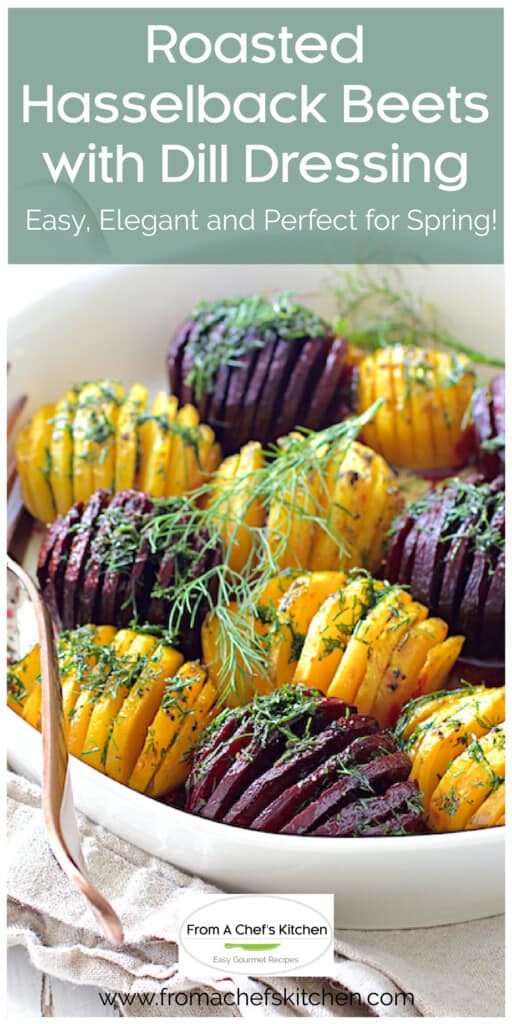 Roasted hasselback baby beets garnished with fresh dill sprigs.