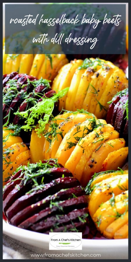 Roasted hasselback baby beets garnished with fresh dill sprigs.