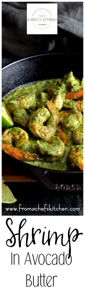 Pinterest graphic for Shrimp in Avocado Butter showing it in a cast iron skillet.